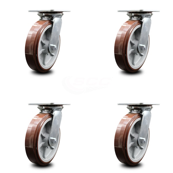 8 Inch Heavy Duty Polyurethane Caster Set with Ball Bearings SCC, 4PK
